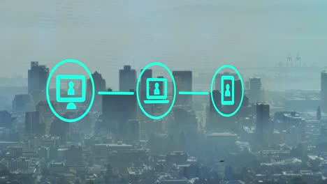 animación de íconos de computadoras, portátiles y teléfonos que forman un diagrama de flujo sobre una vista aérea del paisaje urbano moderno