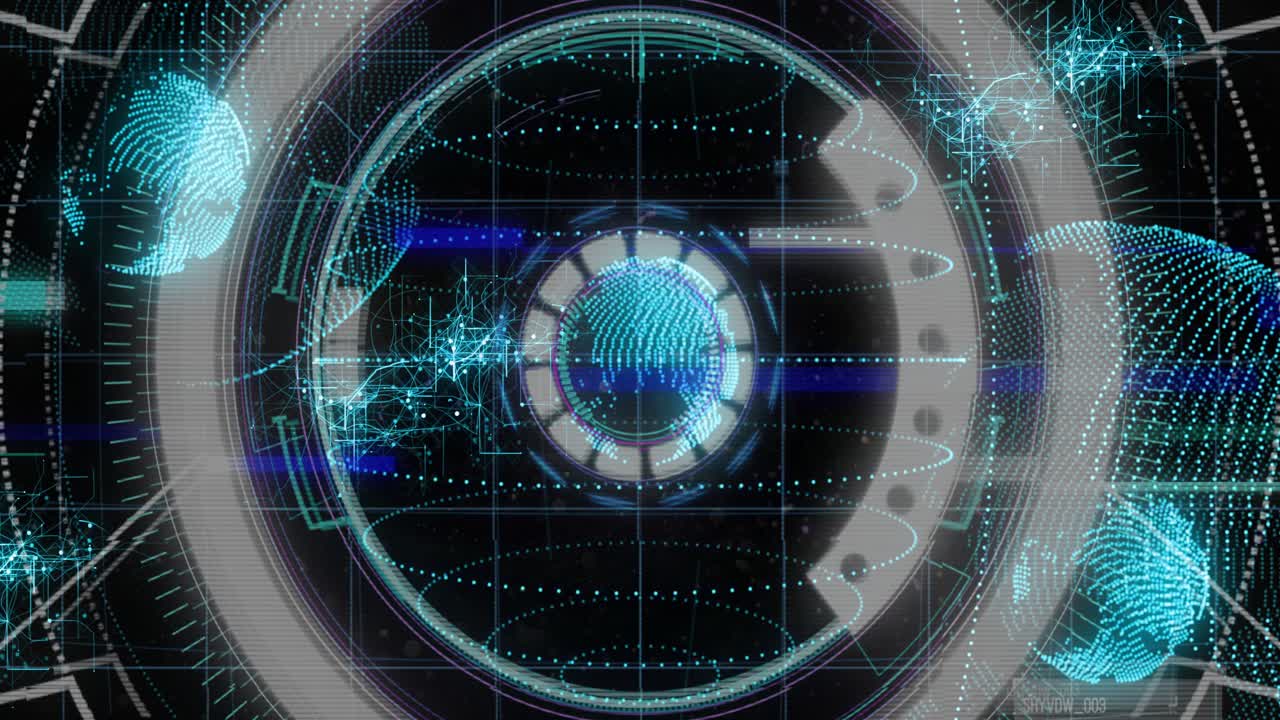 Central cyan orb pulsing, rings rotating and spheres orbiting, expanding holographic network