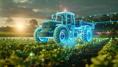 digital tractor in a field at sunset