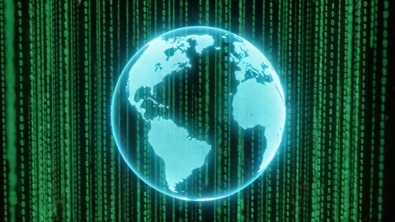 Digital World Representation with Green Binary Code in Background and Earth Viewed from Different Angles Highlighting Technology and Connectivity