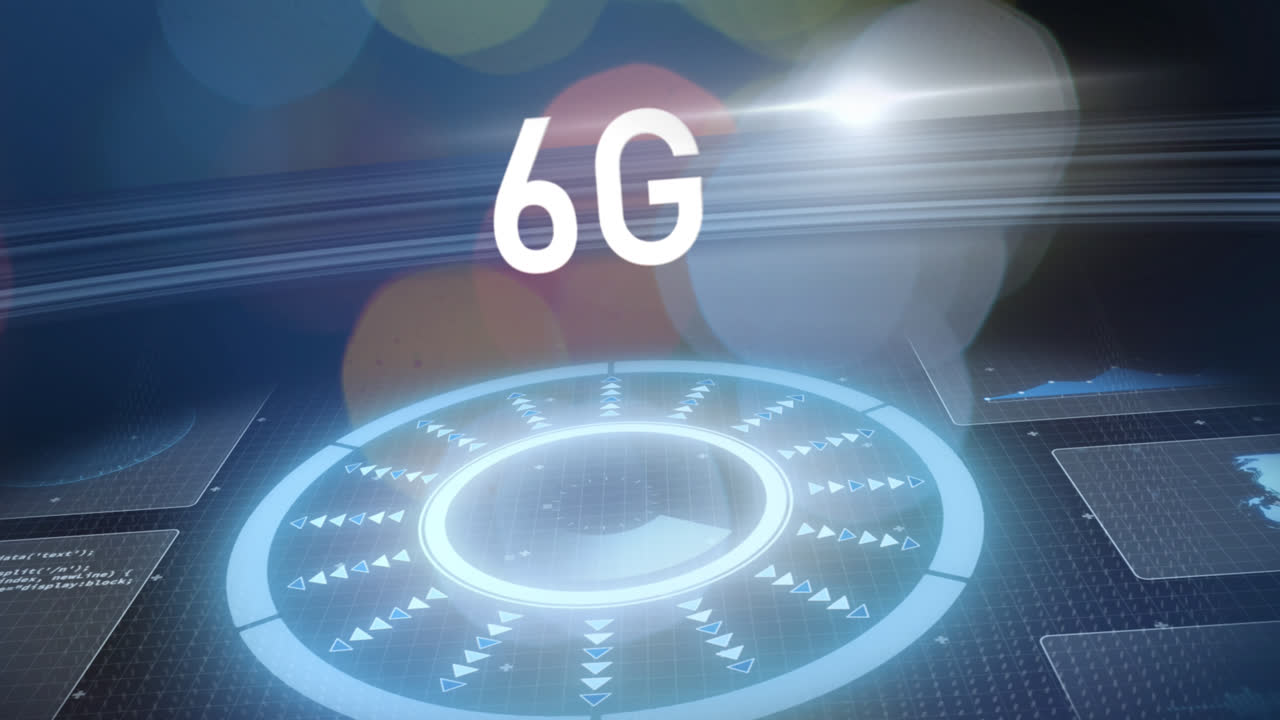 6g 텍스트의 애니메이션, 데이터 처리 및 스 스캔, 화면에서 반이는 빛