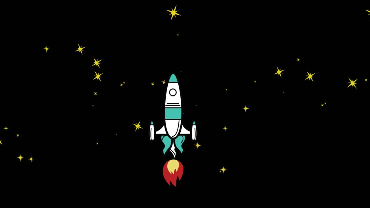 animación de un cohete espacial volando en el espacio sobre estrellas sobre fondo negro