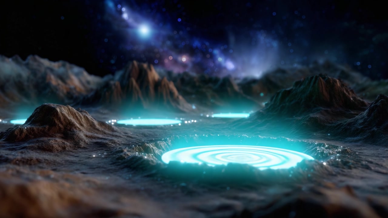 A Stunning Cosmic Landscape Featuring Mystical Glowing Craters and Celestial Mountains Under a Starry Sky Filled with Spectacular Cosmic Elements