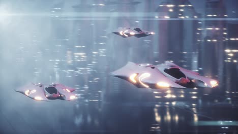 pink hovercraft above futuristic city