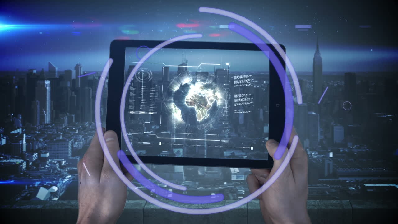 Animation of data processing and globe over caucasian businessman holding tablet