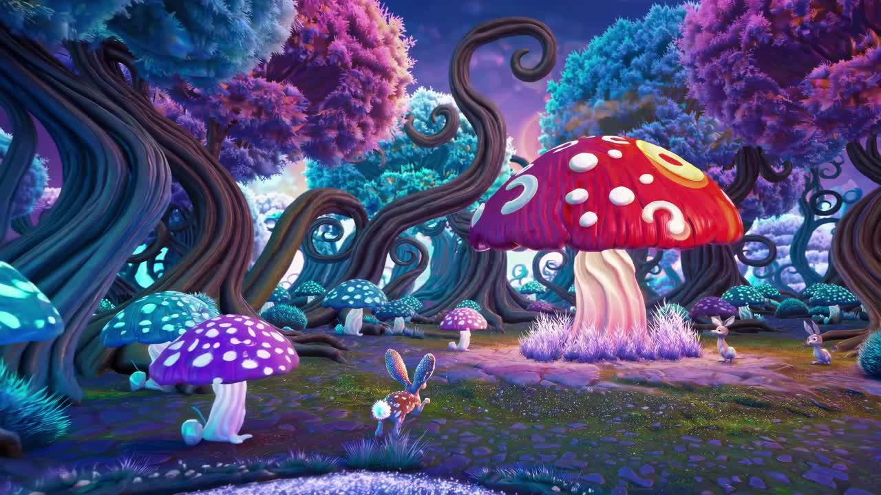 Lekfull fantasi-skog med gigantiske sopper og kaniner, fanget i et vidvinkelbilde