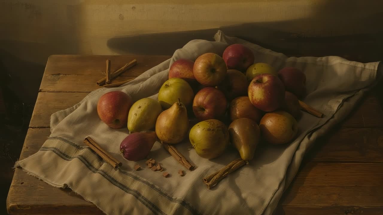 Inclinazione della telecamera che rivela una natura morta su un tavolo vicino alla finestra della cucina, con mele, pere e cannella in stecche