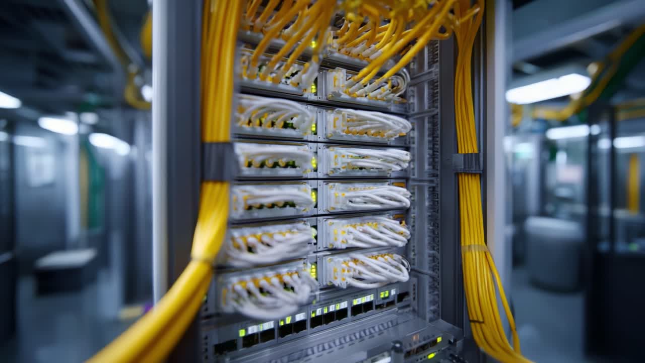 A Close-Up View of a Network Switch Cabinet with Yellow Ethernet Cables in a Server Room, Showcasing the Technology Behind Modern Data Connectivity Systems