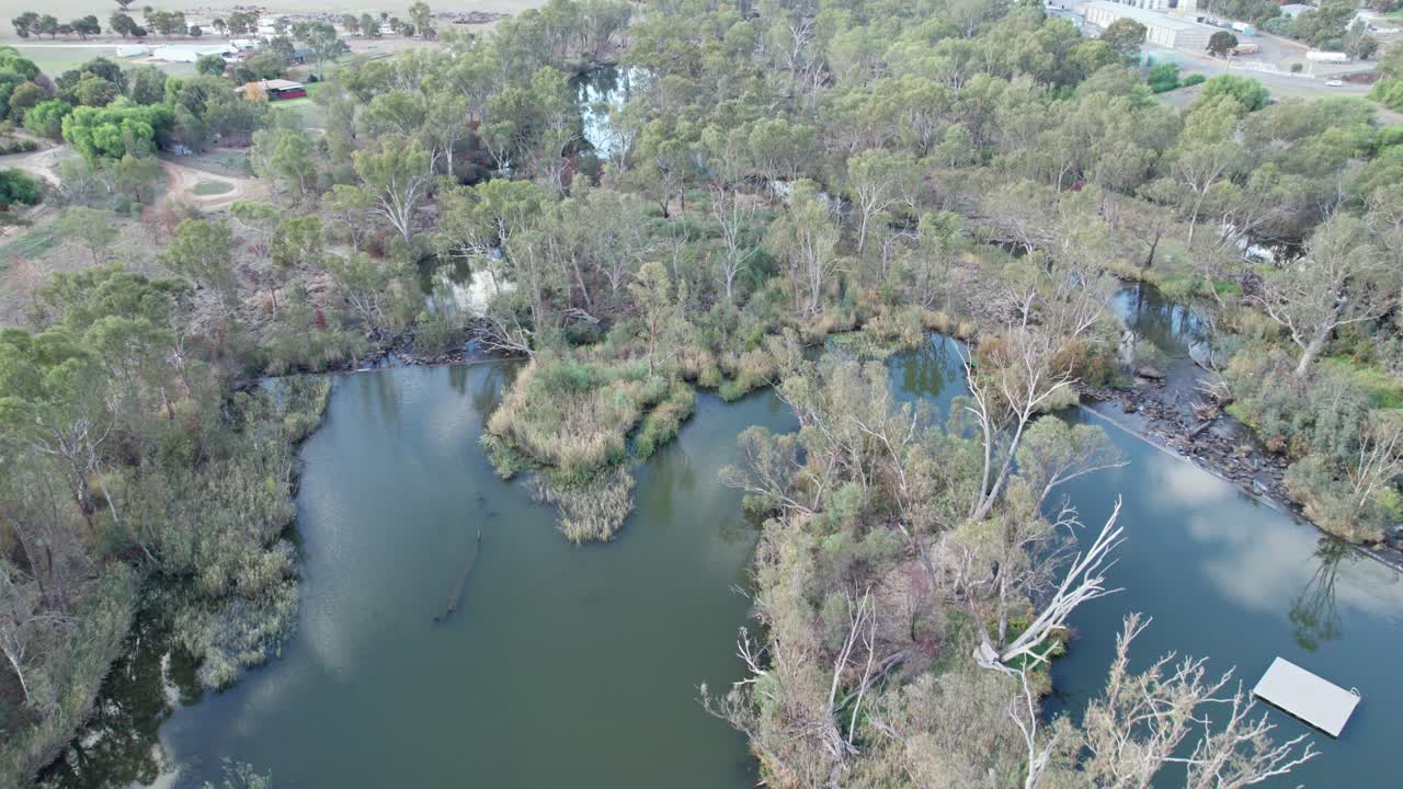 Aerial view over the Loddon River at it flows north of Bridgewater, central Victoria, Australia, May 2025.