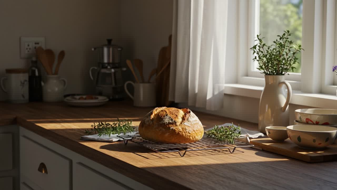 A Beautifully Baked Loaf of Bread Resting on a Cooling Rack Surrounded by Fresh Herbs and Sunlight Streaming Through a Cozy Kitchen Window