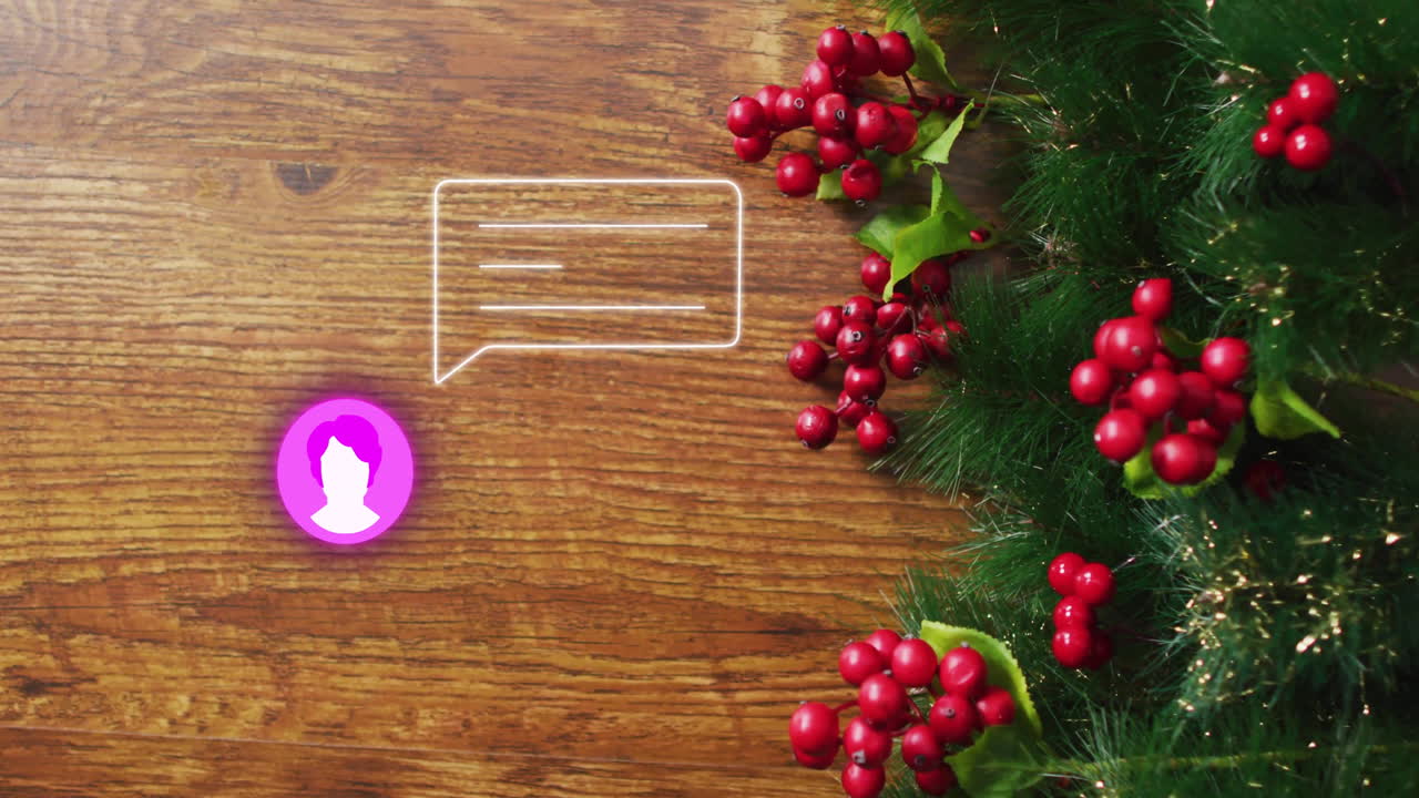 Chat icon with festive Christmas decorations, holly berries on wooden background
