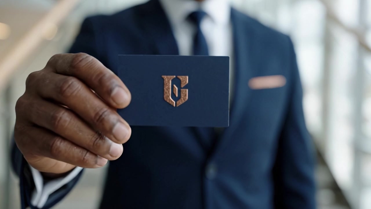 Confident businessman showcasing a brand card while dressed in a sharp suit, symbolizing professionalism and networking opportunities in a modern office environment.