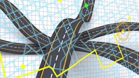 animación de iconos, cheques y carreteras sobre fondo blanco