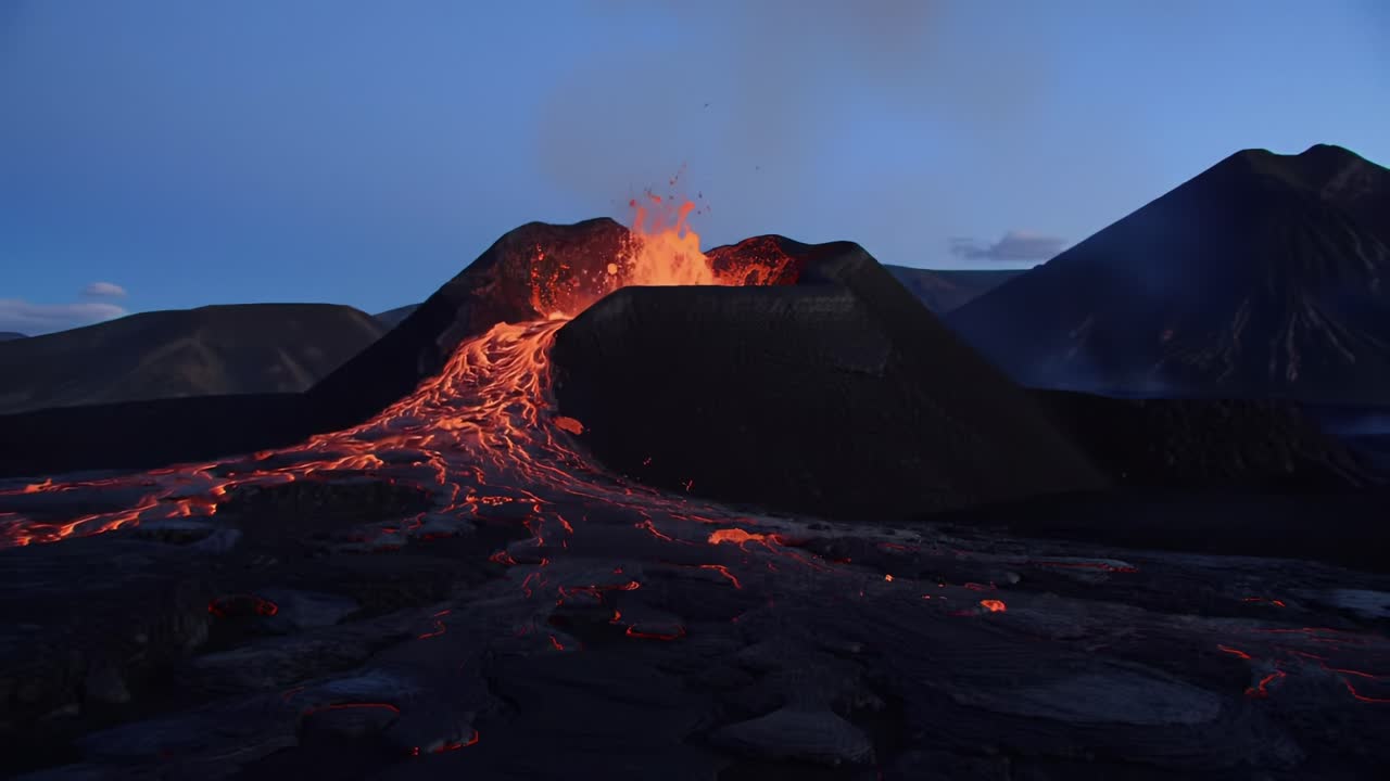 Lava Erupts From Volcano in Stunning Display During Twilight Hours in Remote Area