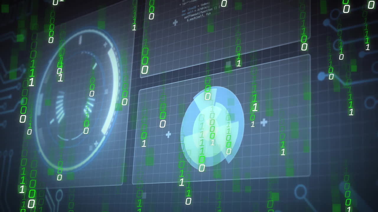 Animation of binary code and digital interface over futuristic technology background