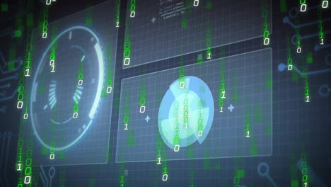 animation of binary code and digital interface over futuristic technology background