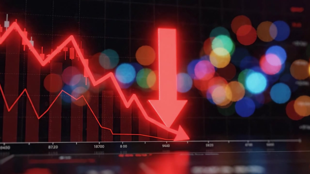 A Dramatic Decline in Financial Markets: Analyzing the Downward Trend of Charts and Data Displaying Unprecedented Decrease in Values Amidst Colorful Backgrounds