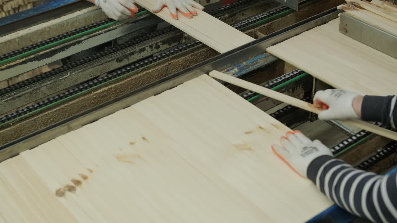Dělníci sestavující dřevěná prkna na dopravním pásu v továrně.
