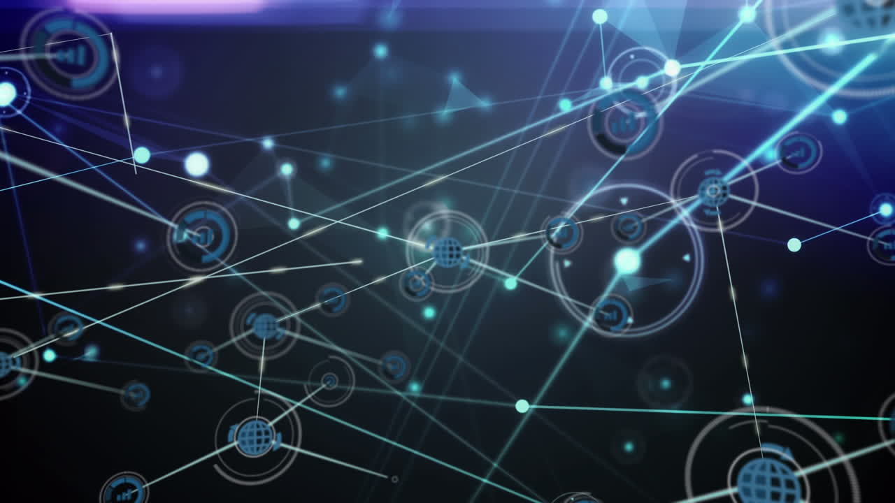 animación de la red de conexiones con iconos y rastros de luz sobre fondo negro