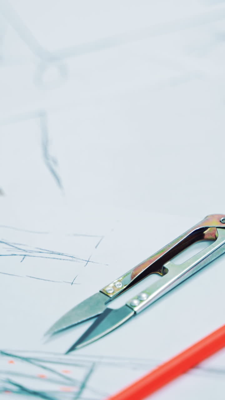 Designer drawings of fashionable clothes on papers. Tailor's sketches on papers, a pencil and a blue tape measure on the wooden table indoors. Camera moves left. Vertical video