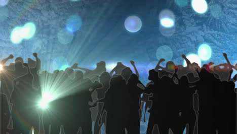 animation of spotlight and light spots over silhouette of lively crowd at music concert