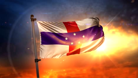 la bandera de las antillas neerlandesas retroiluminada en un hermoso ciclo de amanecer en cámara lenta 4k