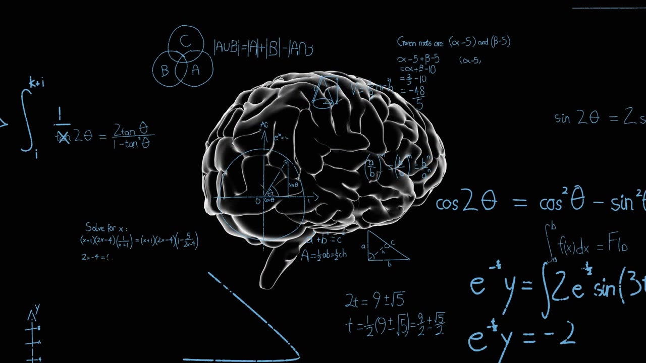 Cervello stilizzato che ruota mentre i fotogrammi avanzano, aggiungendo anelli, triangoli, formule, visualizzando l'istruzione.