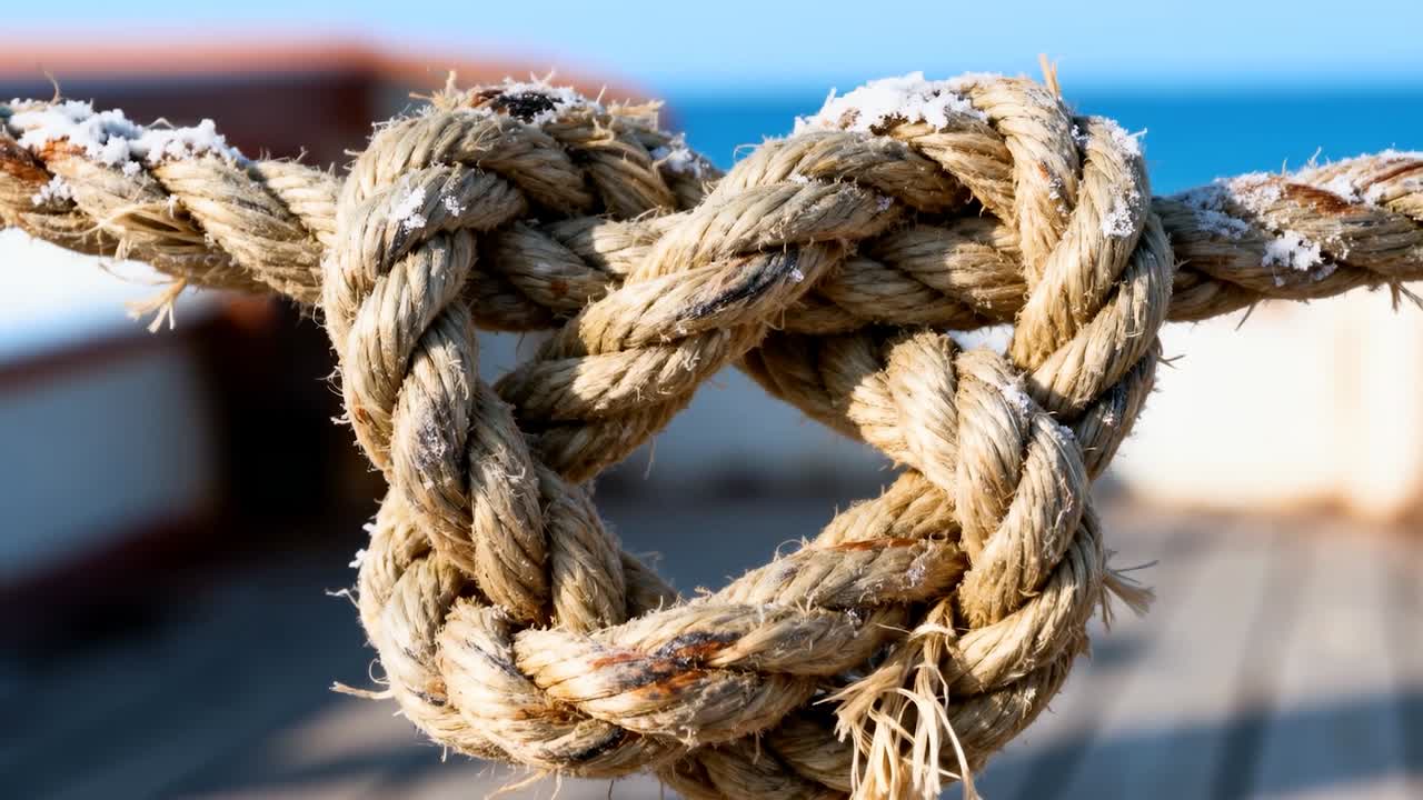 Spostamento della camera che rivela un nodo di corda intrecciata in fibra naturale al molo, che mostra il sale, le estremità sfilacciate, il mare