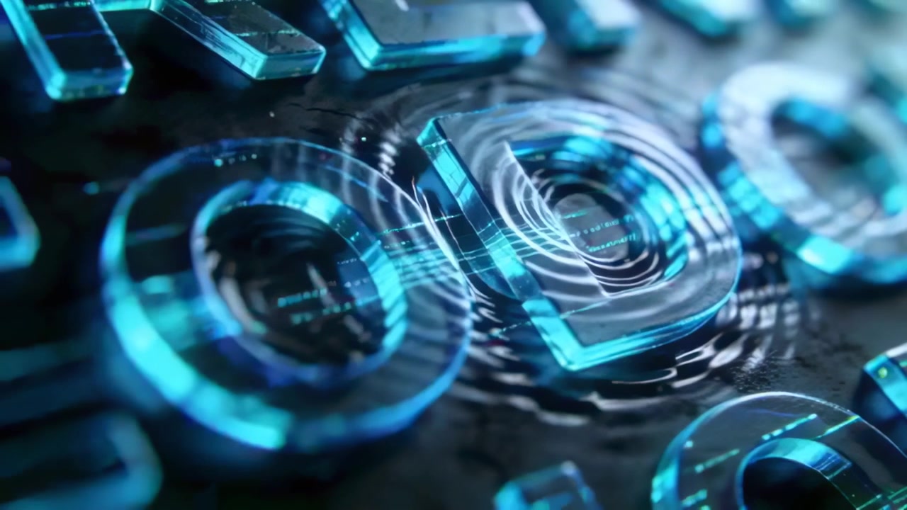 Shifting camera bringing rounded-square cyan-blue glyphs into focus on dark base, showing data dots