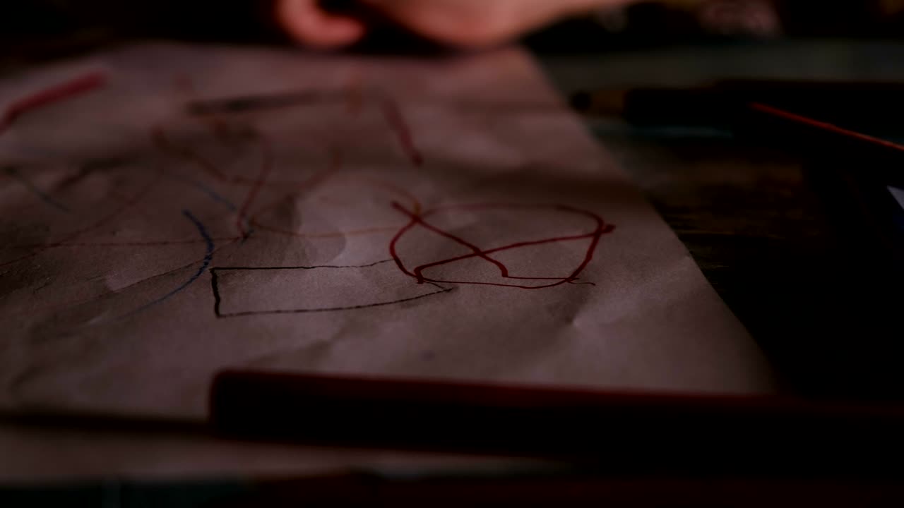 아이가 그림을 그리고, 아이가 종이 한 장에 빨간 마커를 그린다, 클로즈업