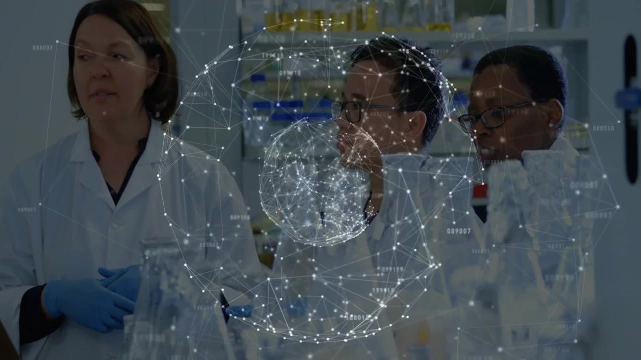 Research team at lab bench watching hologram globe appearing and pulsing, analyzing beaker samples