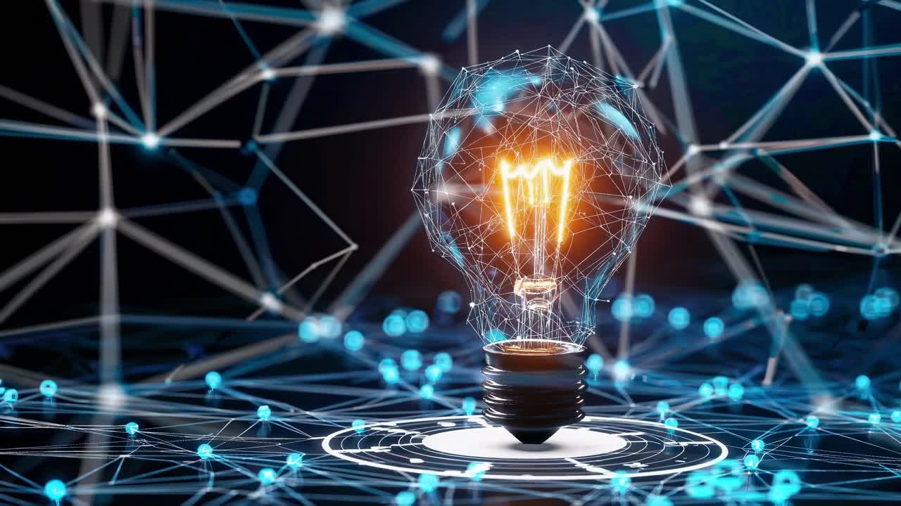 Et billede af en glødende lyspære omgivet af et digitalt netværk, fotograferet i en lav engel, der symboliserer innovation