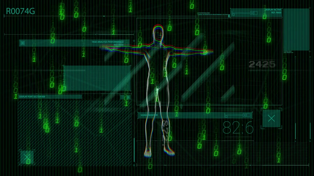 Wireframe silhouette undergoing HUD diagnostic scan on data pulse, rotating while metrics updating