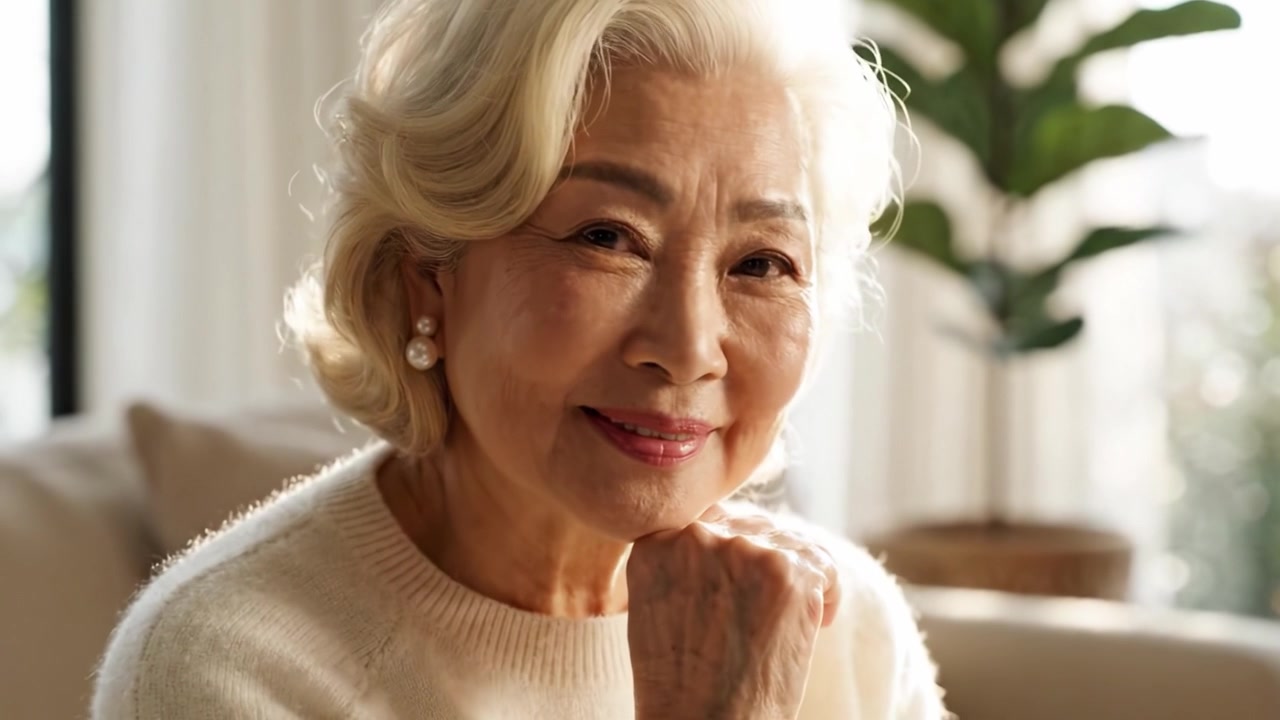 Um retrato acolhedor e convidativo de uma mulher idosa elegante com um sorriso radiante, capturando a essência da alegria e contentamento num ambiente interior aconchegante.