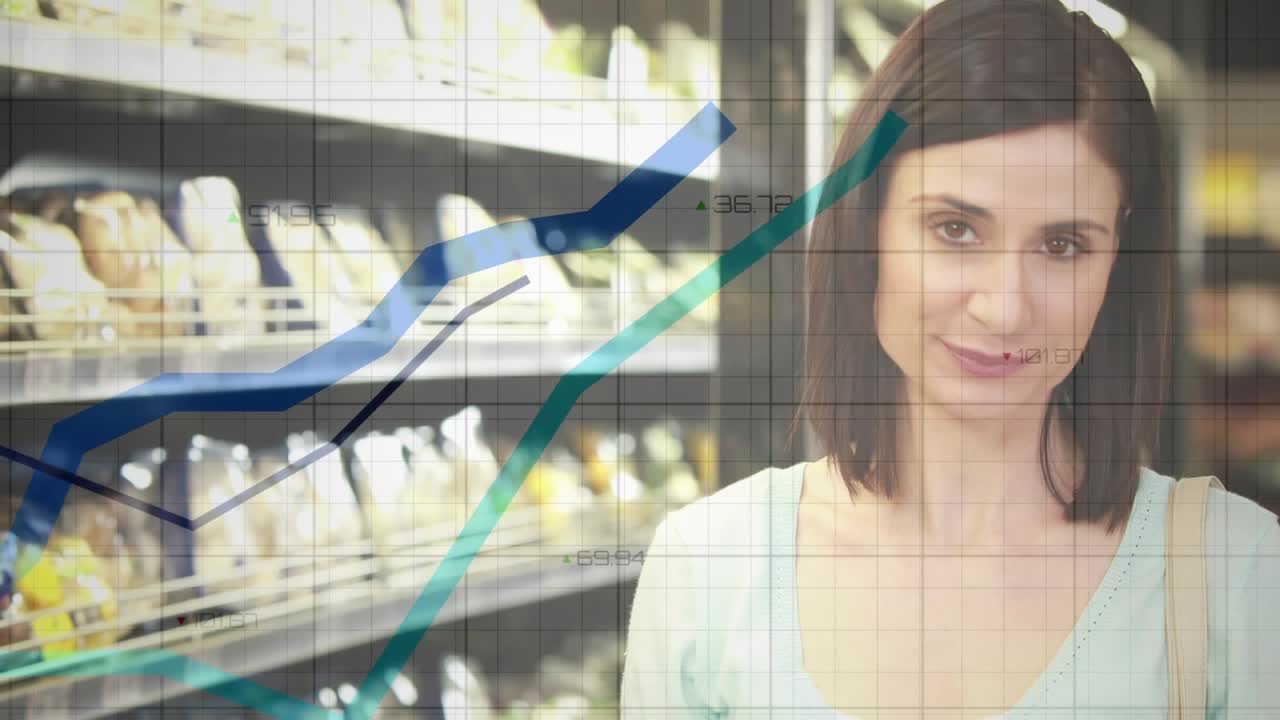 Grocery shopper pushing cart, using list, picking produce while charts and grid overlaying her