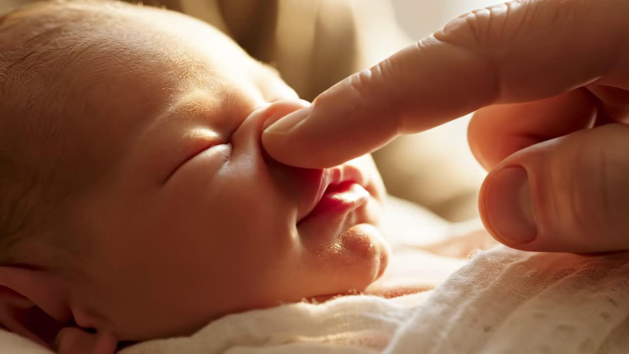 Newborn baby touching a finger