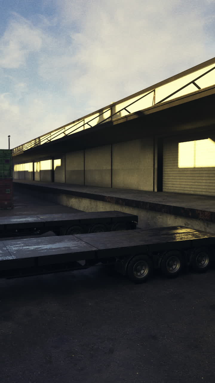 Cargo loading area at a shipping port with trailers parked