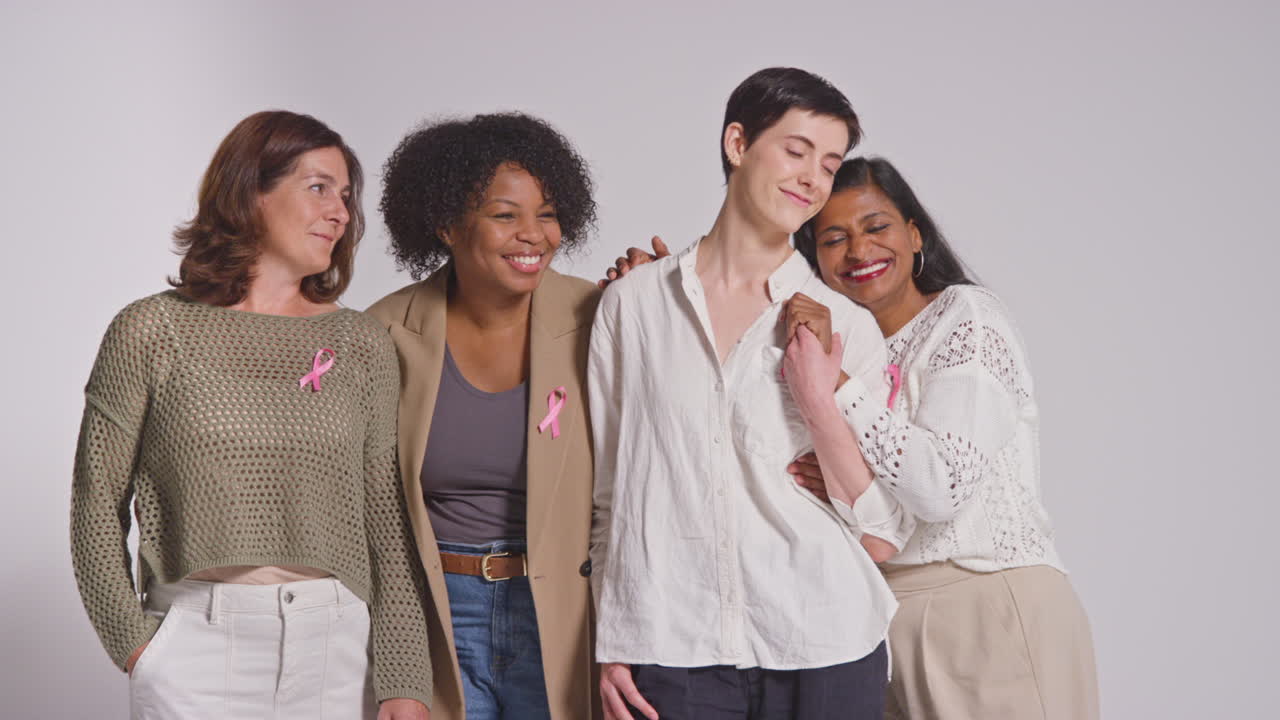 retrato de estudio de un grupo multirracial de mujeres sonrientes de diferentes edades que llevan cintas rosadas de concienciación sobre el cáncer de mama abrazándose contra un fondo blanco