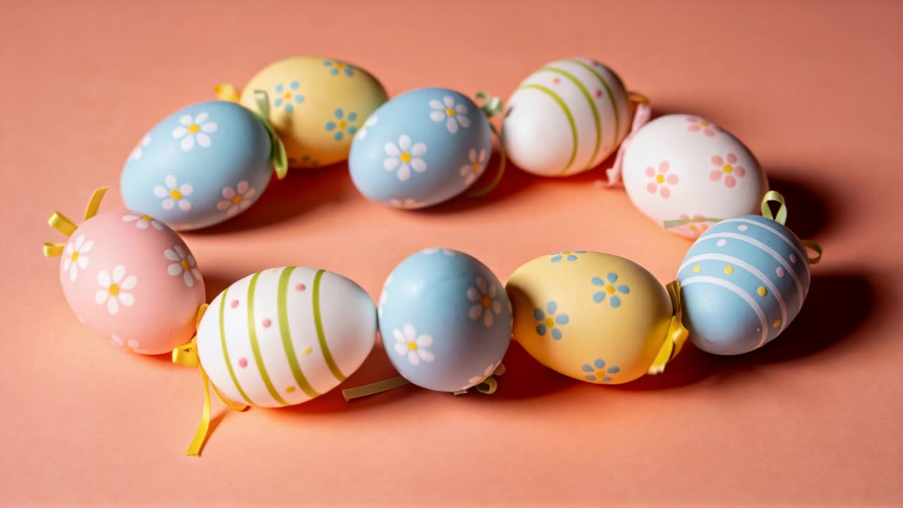 Moving camera nudging pastel egg wreath rolling to show detail on peach set showing ribbons daisies