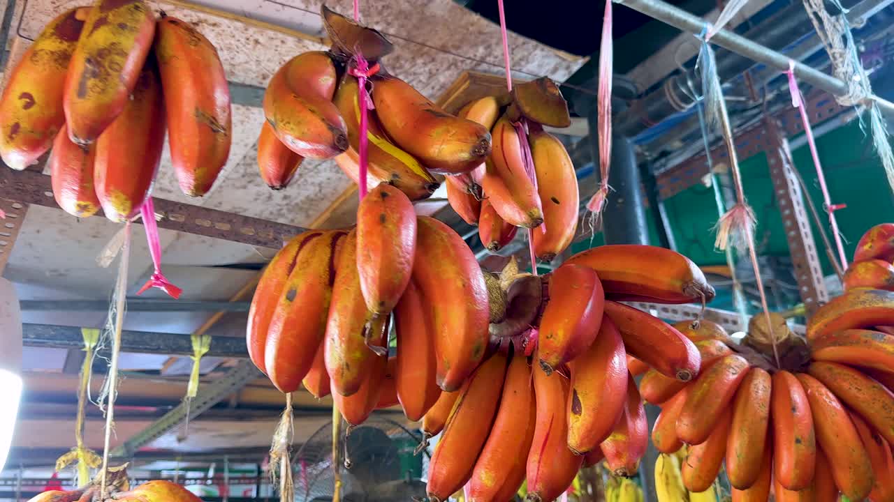 Camera pans across bunches of red and yellow bananas suspended in a vibrant Singapore market, under bright artificial lighting with a lively, colorful atmosphere