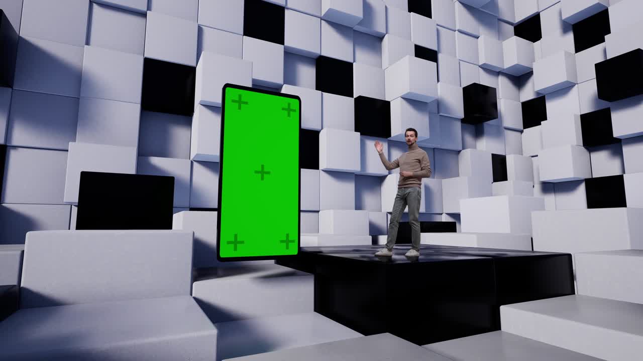 presentador de televisión en el estudio virtual de noticias con cubos blancos y negros.