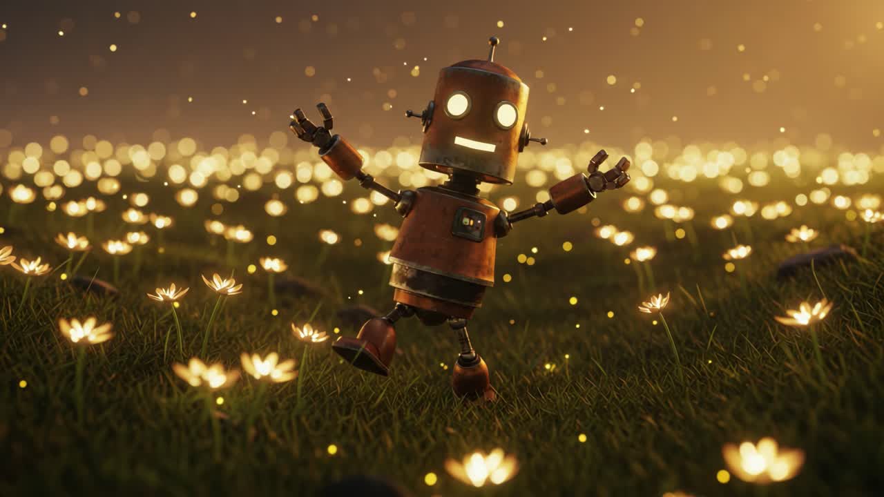 Un robot allegro balla in un campo di fiori luminosi al crepuscolo, mostrando una stravagante fusione di tecnologia e natura in un'atmosfera magica piena di gioia