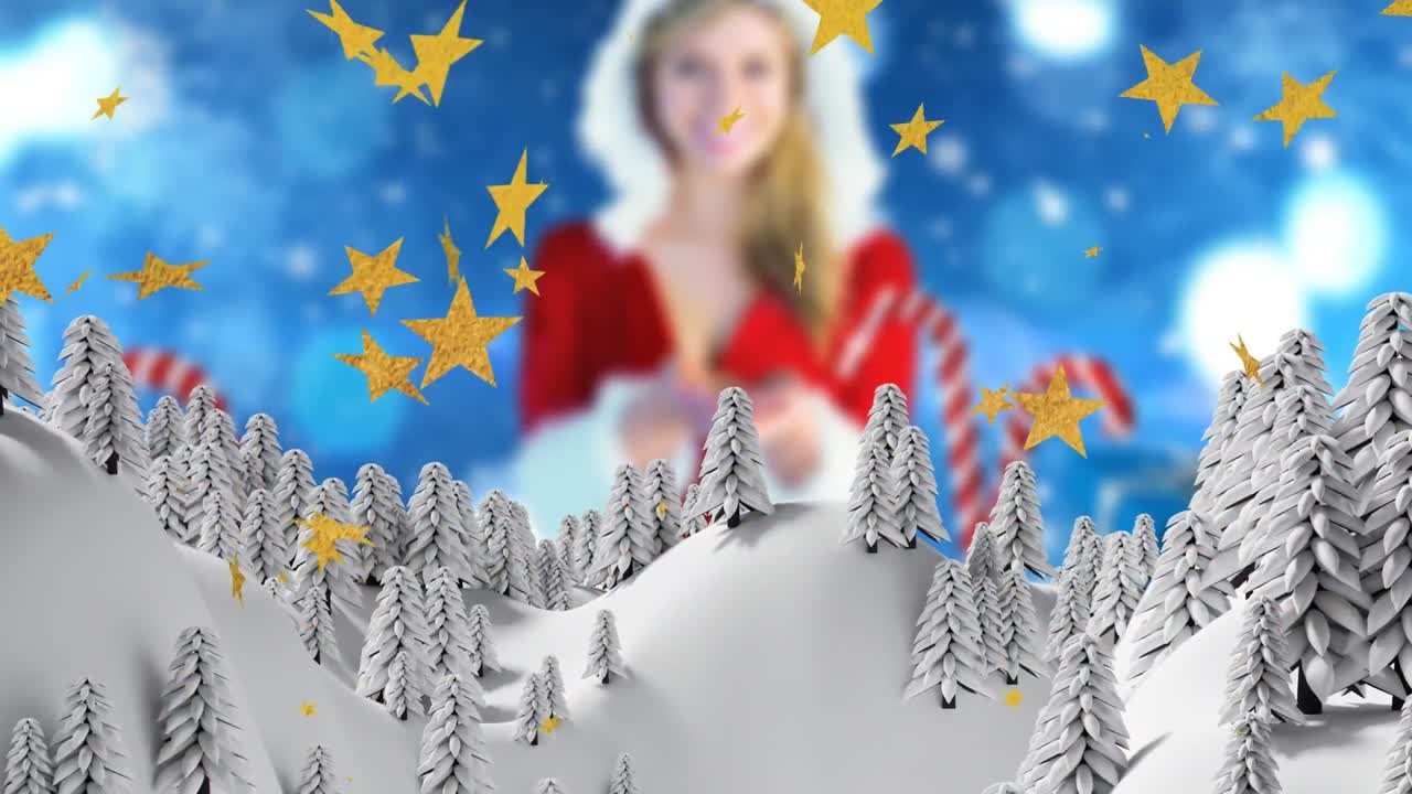 animación de estrellas cayendo sobre el paisaje de invierno y mujer caucásica en disfraz de santa claus.