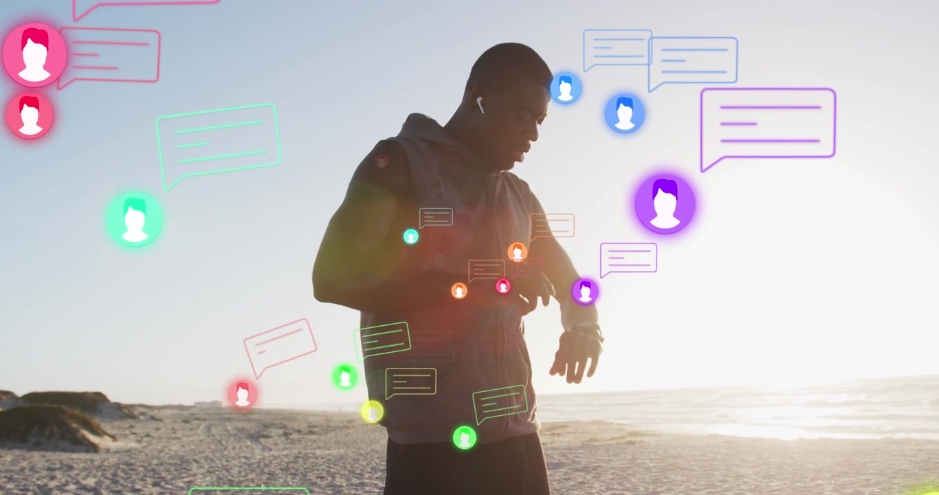 Animation of multiple icons, african american man adjusting headphones and looking at smartwatch
