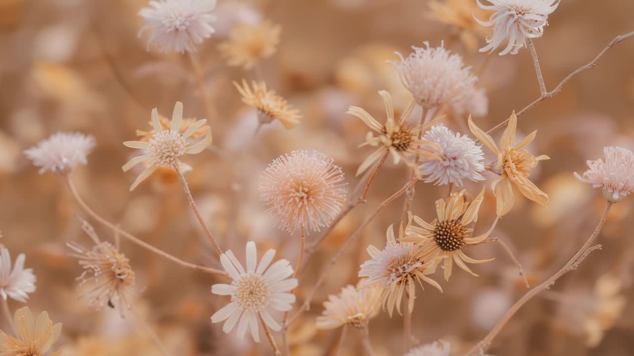 Swaying dried flower cluster from breeze and focus pull in field revealing pompom seed heads
