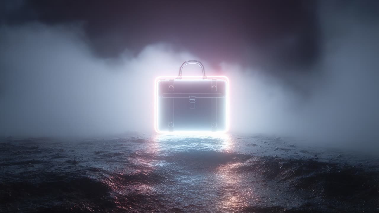 A Mysterious Illuminated Briefcase Emerging from the Mist on a Dark and Moody Surface, Creating an Enigmatic Atmosphere with a Glowing Outline that Captivates the Viewer’s Imagination
