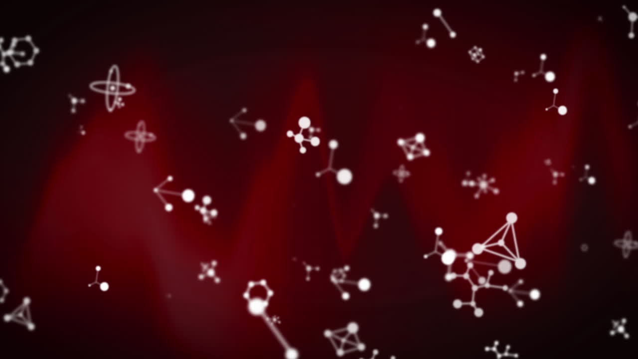 animación de estructuras moleculares blancas flotando sobre un fondo rojo oscuro
