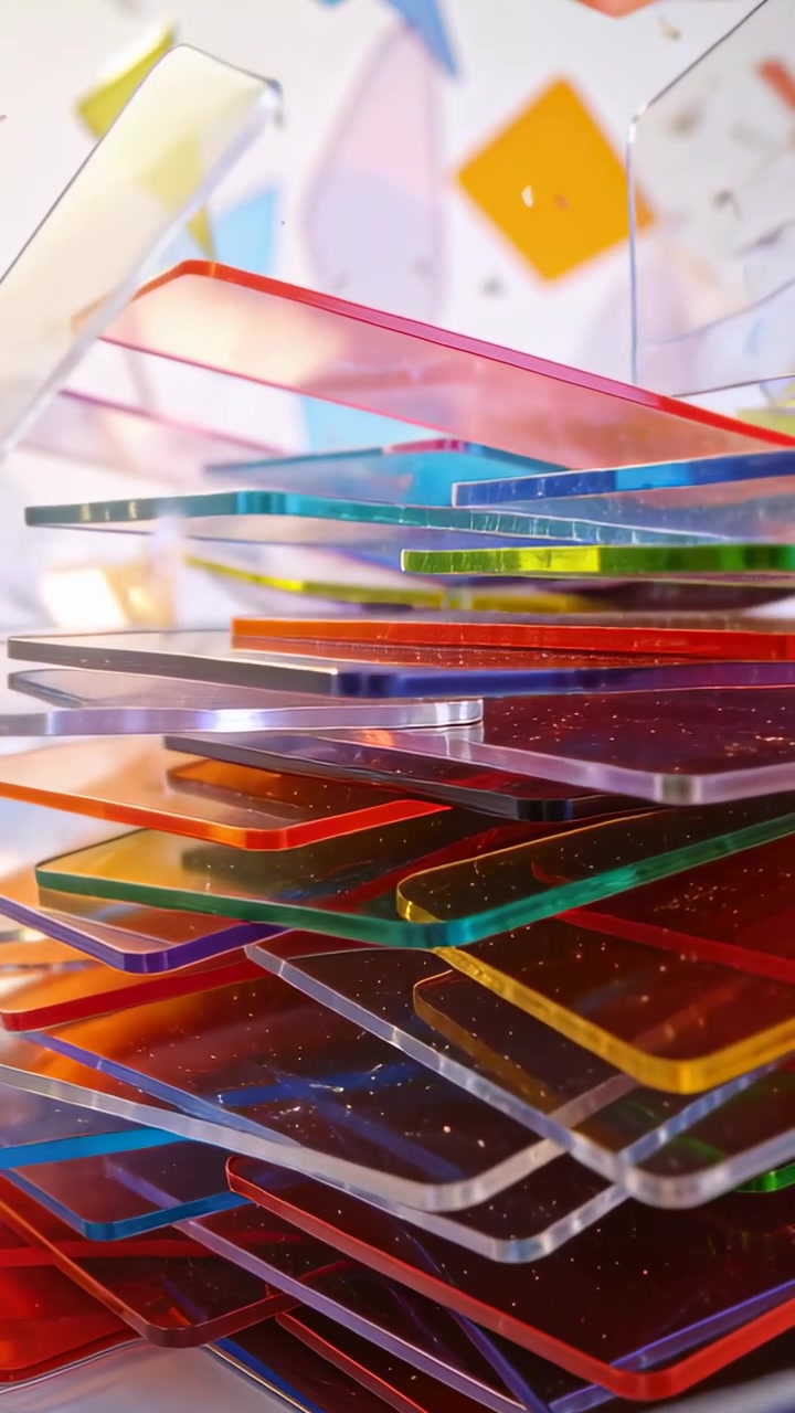 Video verticale: Telecamera che panoramica su acrilici impilati, rivelando profondità, arcobaleno, distanziatori e colori pastello.