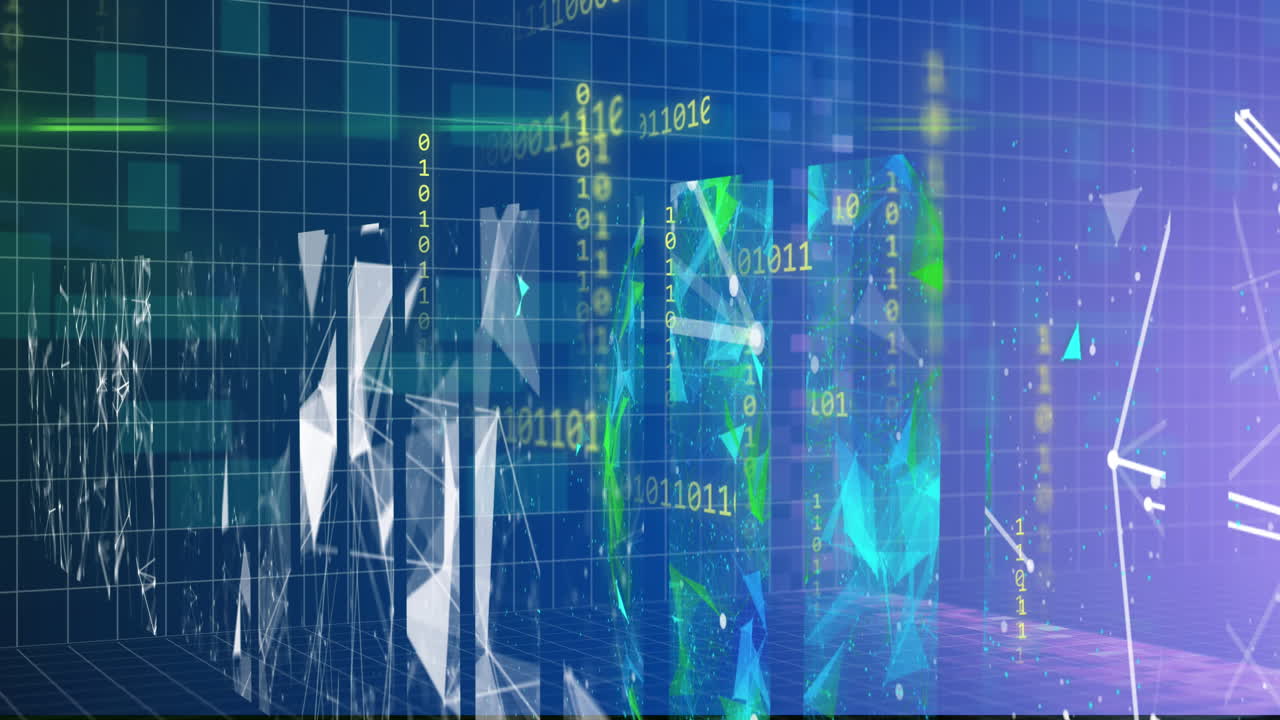 animación de codificación binaria y procesamiento de datos a través de una red de conexiones