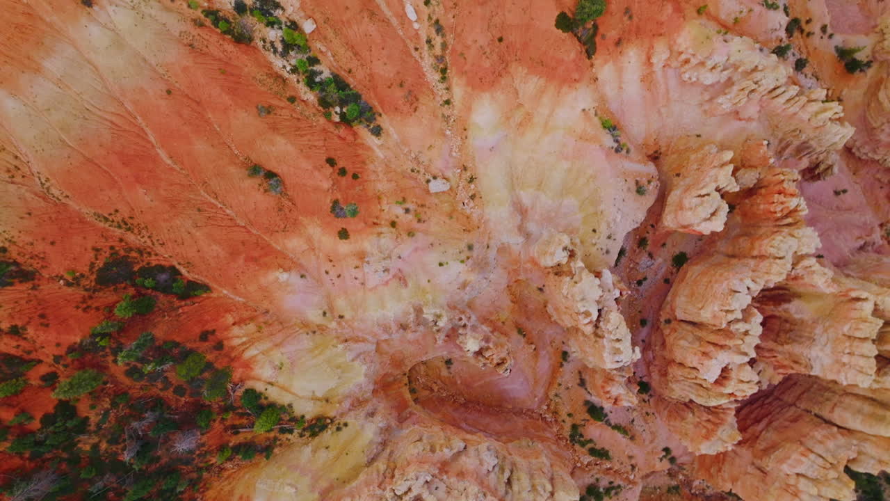 Weird rock columns in Bryce Canyon, Utah. Little greenery growing near the road in national park. Top view.